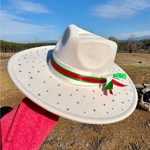 White Studded Cowboy Hat with Red and Green Ribbon- Christmas Styled